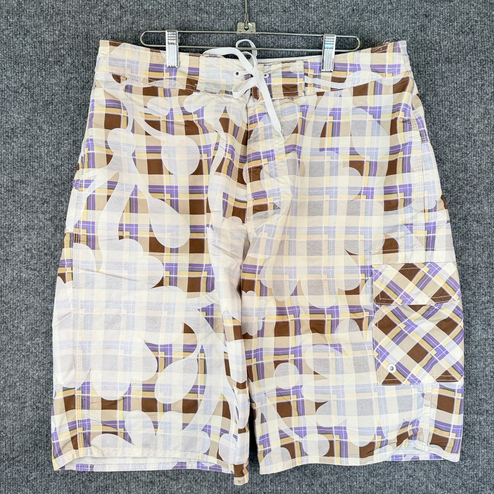 Vintage Stussy Board Shorts Mens 34 Plaid Floral Cargo Baggy Beach Swim Trunks